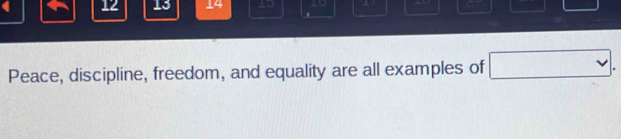 12 13 _4 Lo Lo 
Peace, discipline, freedom, and equality are all examples of □.
