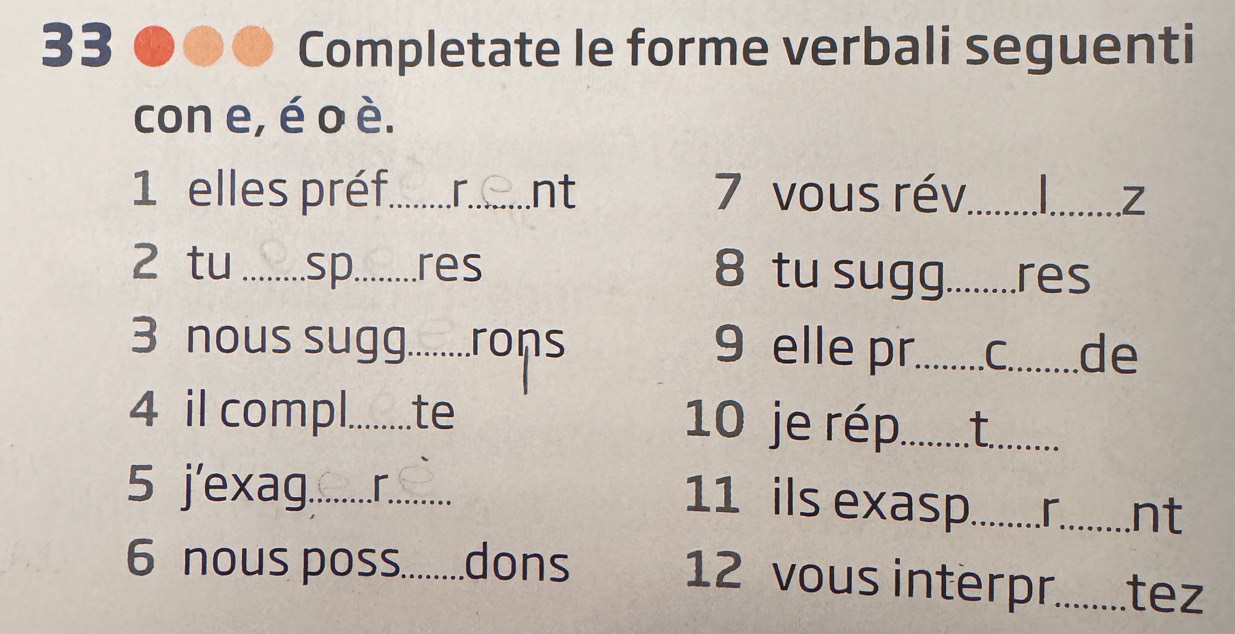 Completate le forme verbali seguenti 
con e, é o è. 
1 elles préf._ ......r._ .nt 7 vous rév._ _2 
_ 
2 tu _.sp._ 2 res 8 tu sugg........res 
3 nous sugg.........rons 9 elle pr.........C.........de 
4 il compl........te 10 je rép........t.......... 
5 jexag............. 11 ils exasp.........r........nt 
6 nous poss........dons 12 vous interpr.........tez