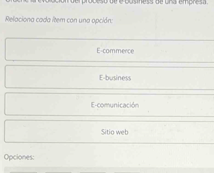 piución del proceso de e Business de una empresa.
Relaciona cada ítem con una opción:
E-commerce
E-business
E-comunicación
Sitio web
Opciones: