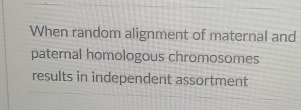 When random alignment of maternal and 
paternal homologous chromosomes 
results in independent assortment