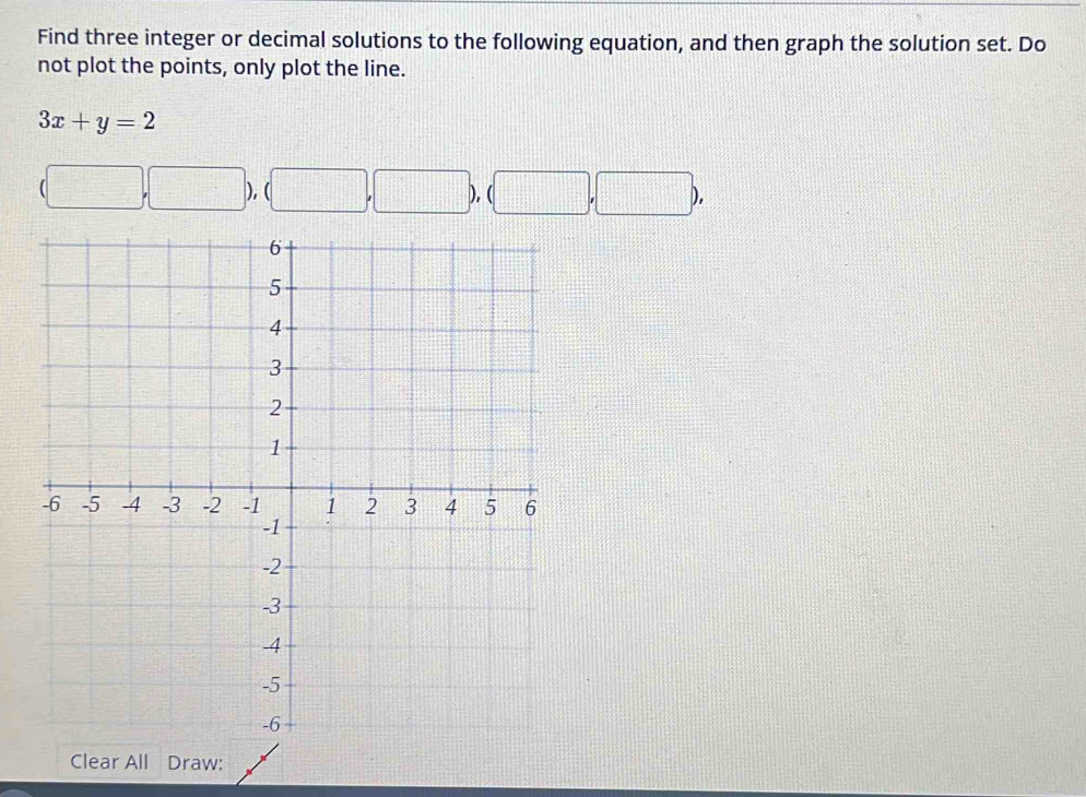 Find three integer or decimal solutions to the following equation, and then graph the solution set. Do 
not plot the points, only plot the line.
3x+y=2
(□ ,□ ), (□ ,□ ),(□ ,□ ), 
Clear All Draw: