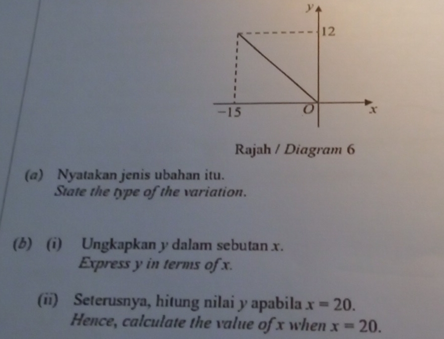 Rajah / Diagram 6 
(a) Nyatakan jenis ubahan itu. 
State the type of the variation. 
(b) (i) Ungkapkan y dalam sebutan x. 
Express y in terms of x. 
(ii) Seterusnya, hitung nilai y apabila x=20. 
Hence, calculate the value of x when x=20.