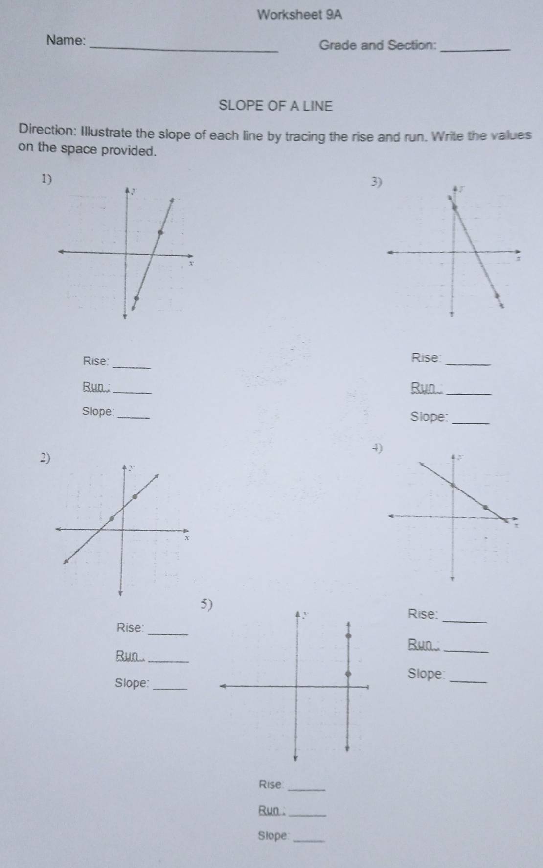 Worksheet 9A 
Name: 
_Grade and Section:_ 
SLOPE OF A LINE 
Direction: Illustrate the slope of each line by tracing the rise and run. Write the values 
on the space provided. 
1) 
3 
Rise:_ Rise:_ 
Bun;_ Rya._ 
Slope:_ 
Slope:_ 
4 
2) 
_ 
5) 
Rise: 
Rise:_ 
Run_ 
B...._ 
Slope:_ 
Slope:_ 
_ 
Rise 
Run :_ 
Slope:_