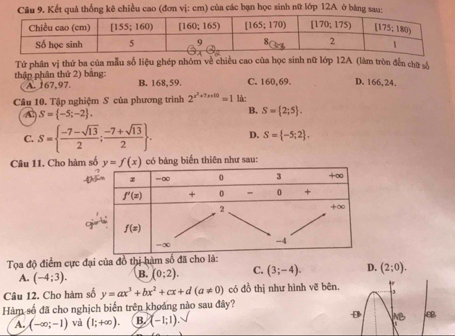 Kết quả thống kê chiều cao (đơn vị: cm) của các bạn học sinh nữ lớp 12A ở bảng sau:
Tử phân vị thứ ba của mẫu số liệu ghép nhóm về chiều cao của học sinh nữ lớp 12A (làm tròn đến chữ số
thập phân thứ 2) bằng:
A. 167,97. B. 168,59. C. 160,69. D. 166,24.
Câu 10. Tập nghiệm S của phương trình 2^(x^2)+7x+10=1 là:
A S= -5;-2 .
B. S= 2;5 .
C. S=  (-7-sqrt(13))/2 ; (-7+sqrt(13))/2  .
D. S= -5;2 .
Câu 11. Cho hàm số có bảng biến thiên như sau:
Tọa độ điểm cực đại của đồ thị hàm số đã c
D.
B.
A. (-4;3). (0;2).
C. (3;-4). (2;0).
Câu 12. Cho hàm số y=ax^3+bx^2+cx+d(a!= 0) có đồ thị như hình vẽ bên.
3
Hàm số đã cho nghịch biến trên khoảng nào sau đây?
A. (-∈fty ;-1) và (1;+∈fty ). B. (-1;1)

1