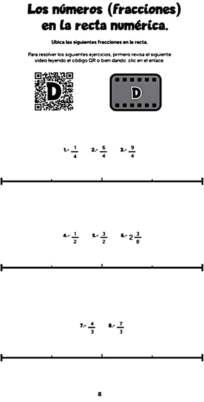 Los números (fracciones) 
en la recta numérica. 
Ubica las siguientes fracciones en la recta. 
Para resolver los siguientes ejercicios, primero revisa el siguiente 
video leyendo el código QR o bien dando clic en el enlace. 
D 
1. -  1/4  2. -  6/4  3. -  9/4 
4. -  1/2  5.-  3/2  6.- 2 3/8 
7.-  4/3  8. -  7/3 
8