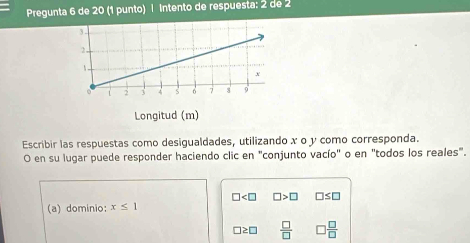 Pregunta 6 de 20 (1 punto) | Intento de respuesta: 2 de 2 
Escribir las respuestas como desigualdades, utilizando x o y como corresponda. 
O en su lugar puede responder haciendo clic en "conjunto vacío" o en "todos los reales".
□ □ >□ □ ≤ □
(a) dominio: x≤ 1
□ ≥ □  □ /□   □  □ /□  