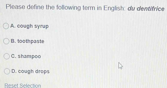 Please define the following term in English: du dentifrice
A. cough syrup
B. toothpaste
C. shampoo
D. cough drops
Reset Selection