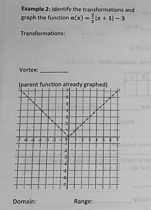 Example 2: Identify the transformations and 
graph the function a(x)= 2/3 |x+1|-3
Transformations: 
Vertex:_ 
Domain: Range:_