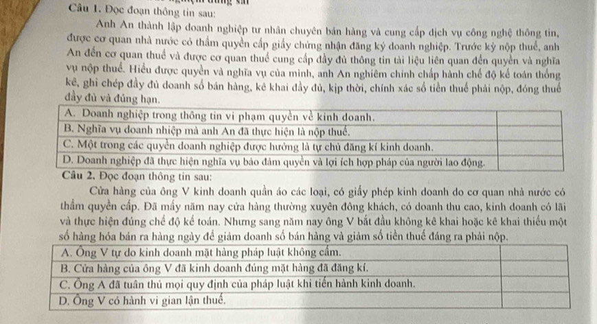 Đọc đoạn thông tin sau: 
Anh An thành lập doanh nghiệp tư nhân chuyên bản hàng và cung cấp dịch vụ công nghệ thông tin, 
được cơ quan nhà nước có thầm quyền cấp giấy chứng nhận đăng ký doanh nghiệp. Trước kỷ nộp thuế, anh 
An đến cơ quan thuể và được cơ quan thuể cung cấp đầy đủ thông tin tài liệu liên quan đến quyền và nghĩa 
vụ nộp thuể. Hiều được quyền và nghĩa vụ của minh, anh An nghiêm chính chấp hành chế độ kể toán thống 
kê, ghi chép đầy đủ doanh số bán hàng, kê khai đầy đủ, kịp thời, chính xác số tiền thuế phải nộp, đóng thuế 
đầy đủ và đúng hạn. 
Cửa hàng của ông V kinh doanh quần áo các loại, có giấy phép kinh doanh do cơ quan nhà nước có 
thẩm quyền cấp. Đã mấy năm nay cửa hàng thường xuyên đông khách, có doanh thu cao, kinh doanh có lãi 
và thực hiện đúng chế độ kế toán. Nhưng sang năm nay ông V bắt đầu không kê khai hoặc kê khai thiếu một 
số hàng hóa bán ra hàng ngày để giảm doanh số bán hàng và giảm số tiền thuế đáng ra phải nộp.