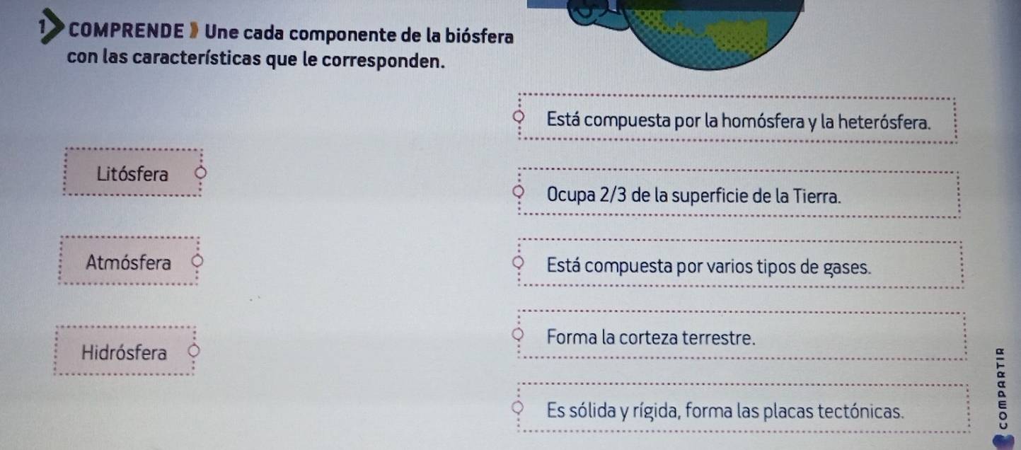 COMPRENDE 》 Une cada componente de la biósfera
con las características que le corresponden.
Está compuesta por la homósfera y la heterósfera.
Litósfera
Ocupa 2/3 de la superficie de la Tierra.
Atmósfera Está compuesta por varios tipos de gases.
Forma la corteza terrestre.
Hidrósfera
Es sólida y rígida, forma las placas tectónicas.