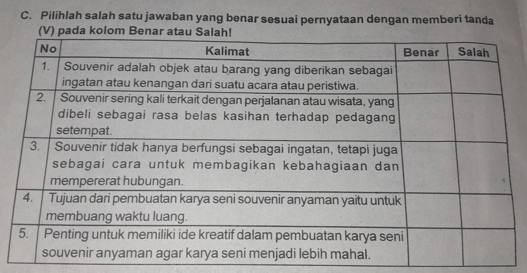 Pilihlah salah satu jawaban yang benar sesuai pernyataan dengan memberi tanda