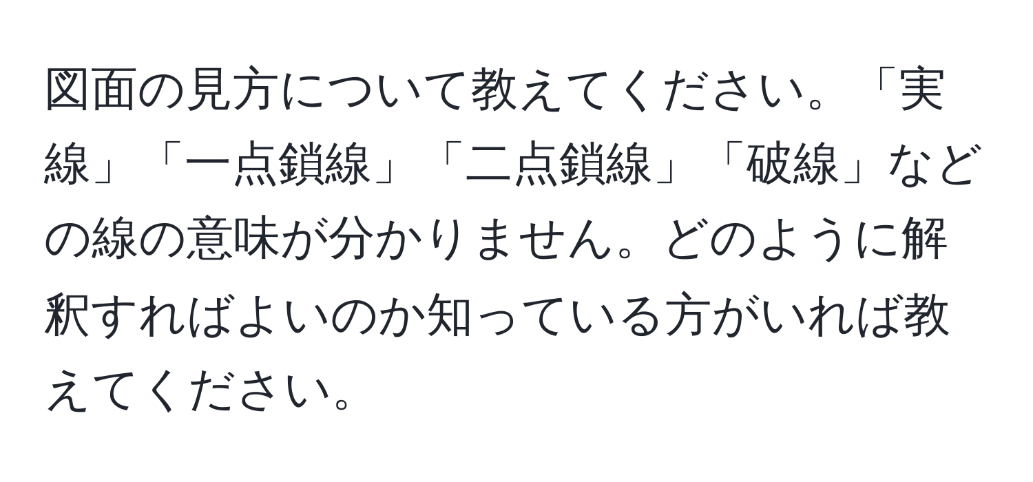 図面の見方について教えてください。「実線」「一点鎖線」「二点鎖線」「破線」などの線の意味が分かりません。どのように解釈すればよいのか知っている方がいれば教えてください。