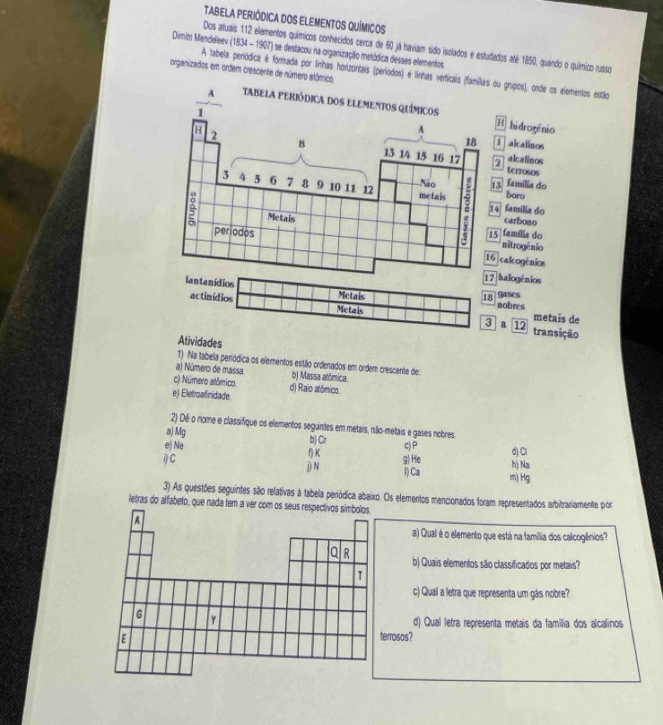 TABELA PERIÓDICA DOS ELEMENTOS QUíMICoS
Dos atuais 112 elementos químicos conhecidos cerca de 60 já haviam sido isolados e estudados até 1850, quando o químico russo
Dimitri Mendeleev (1834 - 1907) se destacou na organização metódica desses elementos.
organizados em ordem crescente de número atômico.
A tabela periódica é formada por linhas horizontais (períodos) e linhas vertic grupos), onde os alementos estão
hidrogênio
alcalinos
alcalinos
terrosos
família do
boro
família do
carbono
família do
nitrogênio
calogênios
halogênios
Metais
18 Sases
nobres
actinídios Metais metais de
3 a 12 transição
Atividades
1) Na tabela periódica os elementos estão ordenados em ordem crescente de:
a) Número de massa b) Massa atômica.
c) Número atômico. d) Raio atômico.
e) Eletroafinidade
2) Dê o nome e classifique os elementos seguintes em metais, não-metais e gases nobres.
a) Mg
e) Ne b) Cr c) P
C f) K g) He d) Cl
h) Na
j) N i) Ca m) Hg
3) As questões seguintes são relativas à tabela periódica abaixo. Os elementos mencionados foram representados arbitrariamente por
letras do alfabeto, que nada tem a ver com os seus respectivos símbolos.
a) Qual é o elemento que está na família dos calcogênios?
b) Quais elementos são classificados por metais?
c) Qual a letra que representa um gás nobre?
d) Qual letra representa metais da família dos alcalinos
rrosos?