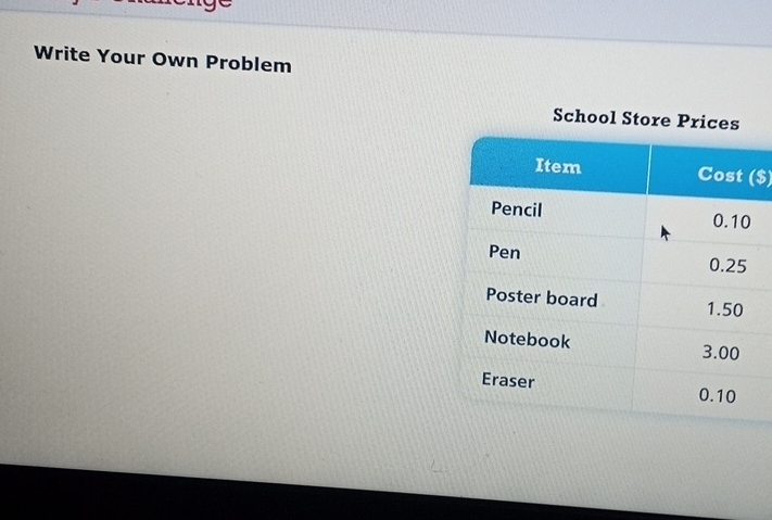 Write Your Own Problem 
School Store Prices 
($)