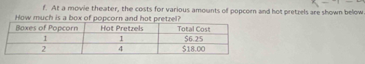 At a movie theater, the costs for various amounts of popcorn and hot pretzels are shown below 
How much is a box of popcorn and hot pretzel?