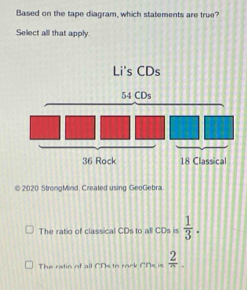 Based on the tape diagram, which statements are true?
Select all that apply.
Li's CDs
© 2020 StrongMind. Created using GeoGebra.
The ratio of classical CDs to all CDs is  1/3 .
The ratin of all CDs to rock C Ne is  2/n .