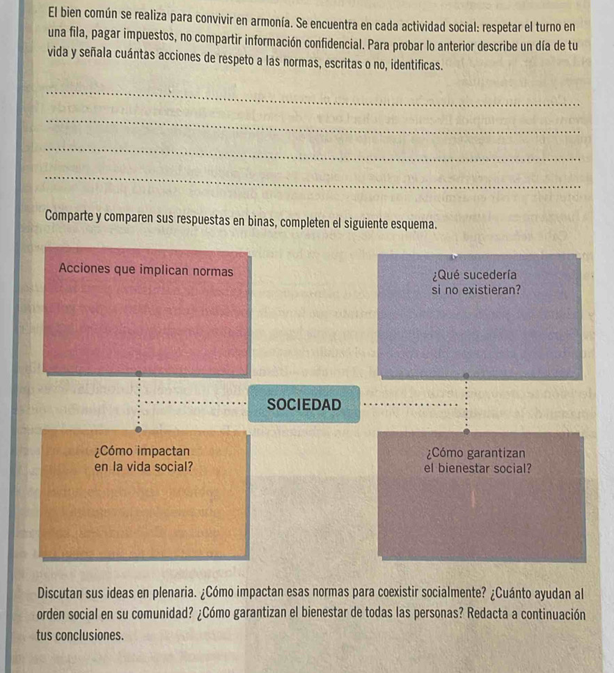 El bien común se realiza para convivir en armonía. Se encuentra en cada actividad social: respetar el turno en 
una fila, pagar impuestos, no compartir información confidencial. Para probar lo anterior describe un día de tu 
vida y señala cuántas acciones de respeto a las normas, escritas o no, identificas. 
_ 
_ 
_ 
_ 
Comparte y comparen sus respuestas en binas, completen el siguiente esquema. 
Acciones que implican normas ¿Qué sucedería 
si no existieran? 
SOCIEDAD 
¿Cómo impactan ¿Cómo garantizan 
en la vida social? el bienestar social? 
Discutan sus ideas en plenaria. ¿Cómo impactan esas normas para coexistir socialmente? ¿Cuánto ayudan al 
orden social en su comunidad? ¿Cómo garantizan el bienestar de todas las personas? Redacta a continuación 
tus conclusiones.