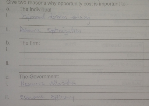 Give two reasons why opportunity cost is important to:- 
a. The individual 
_ 
i. 
_ 
_ 
ii. 
_ 
b. The firm: 
_ 
i. 
_ 
ⅱ. 
_ 
_ 
C. The Government: 
i. 
_ 
_ 
ⅱ. 
_