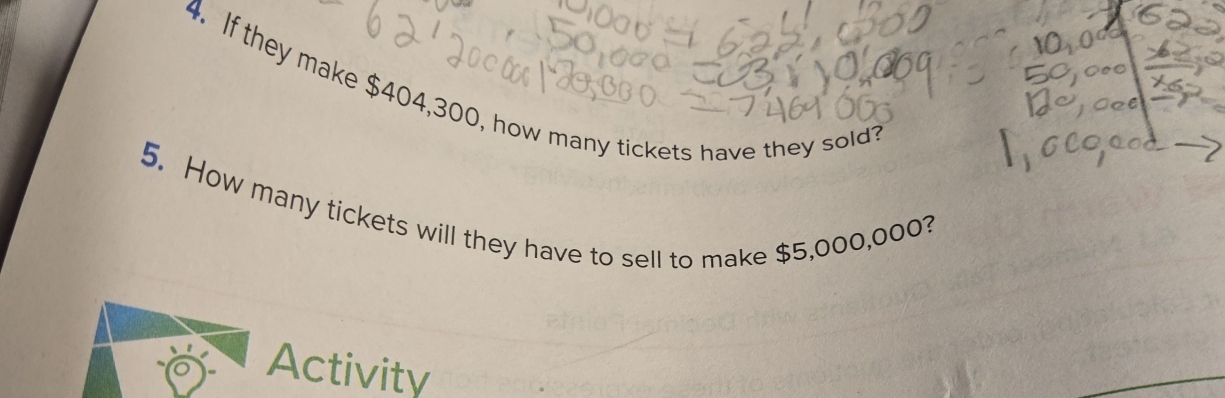 If they make $404,300, how many tickets have they sold? 
5. How many tickets will they have to sell to make $5,000,000? 
Activity