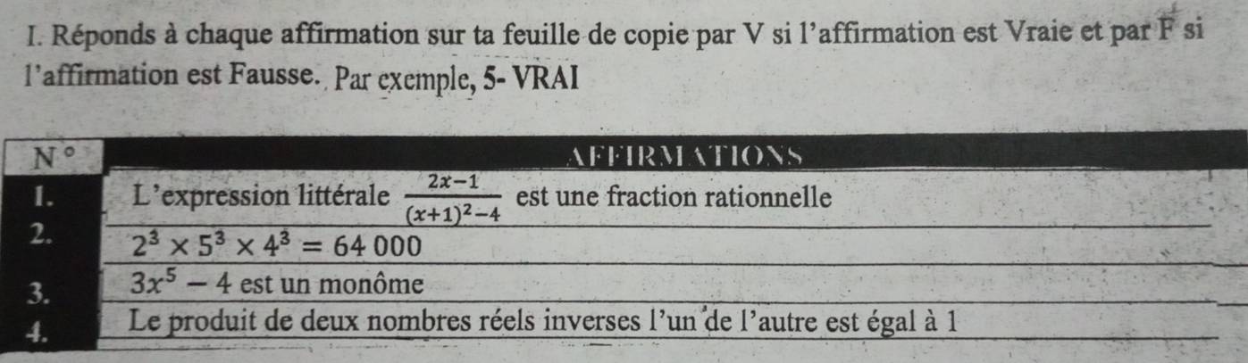 Réponds à chaque affirmation sur ta feuille de copie par V si l’affirmation est Vraie et par F si
1’affirmation est Fausse. Par exemple, 5- VRAI