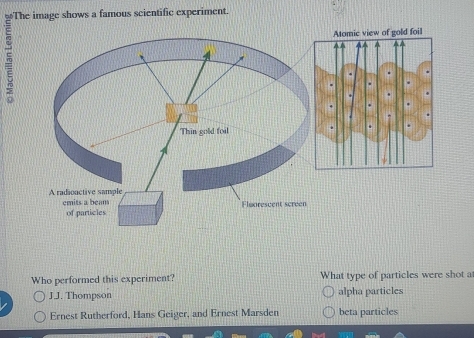 The image shows a famous scientific experiment.
Who performed this experiment? What type of particles were shot at
J.J. Thompson alpha particles
Ernest Rutherford, Hans Geiger, and Ernest Marsden beta particles