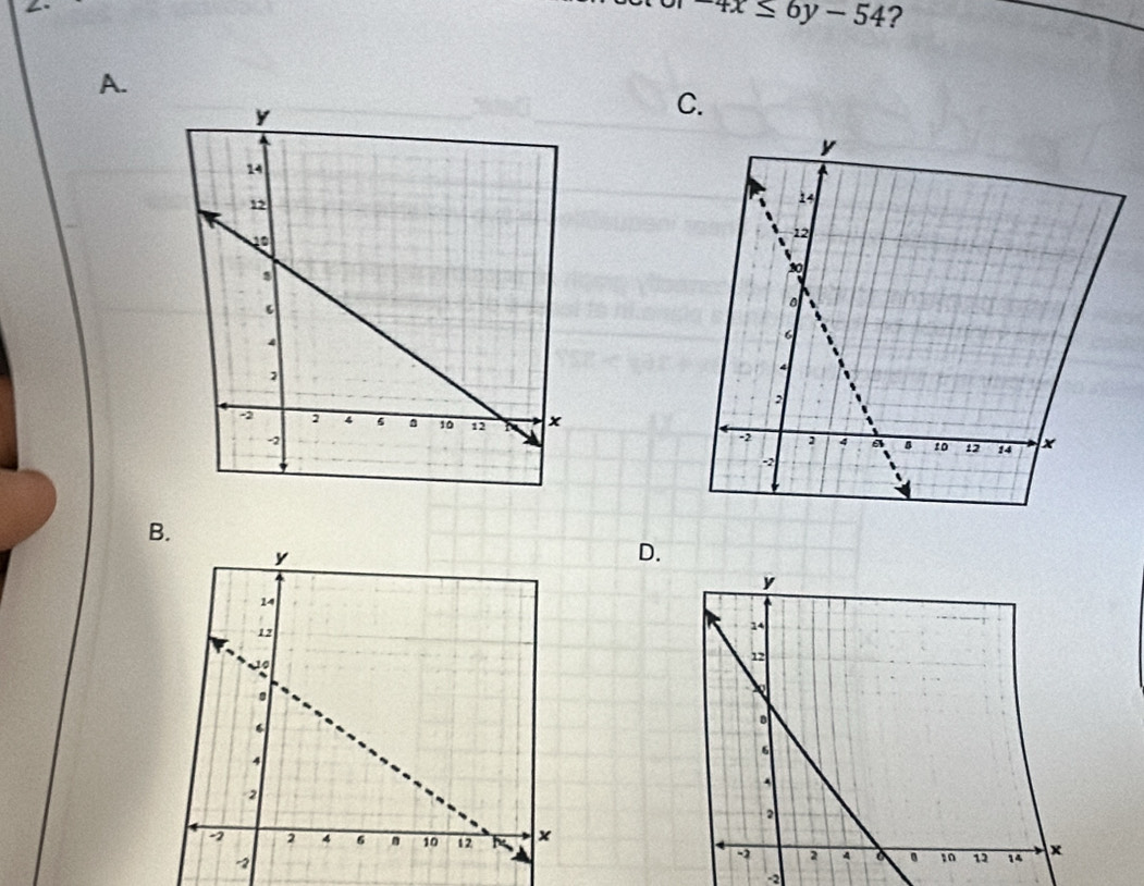 -4x≤ 6y-54 ? 
A. 
C. 
B. 
D.
-2