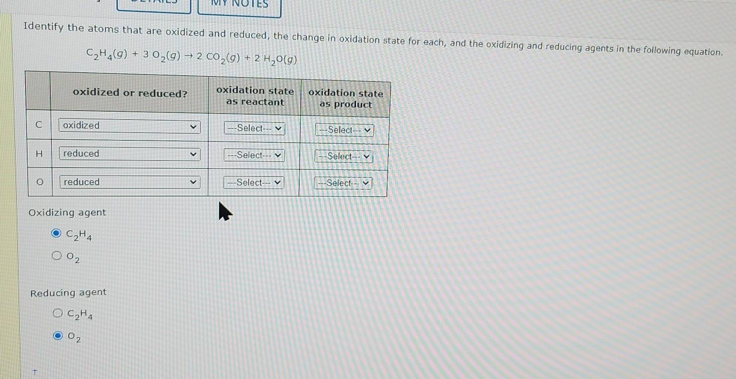 MY NOTES 
Identify the atoms that are oxidized and reduced, the change in oxidation state for each, and the oxidizing and reducing agents in the following equation.
C_2H_4(g)+3O_2(g)to 2CO_2(g)+2H_2O(g)
Oxidizing agent
C_2H_4
O_2
Reducing agent
C_2H_4
O_2