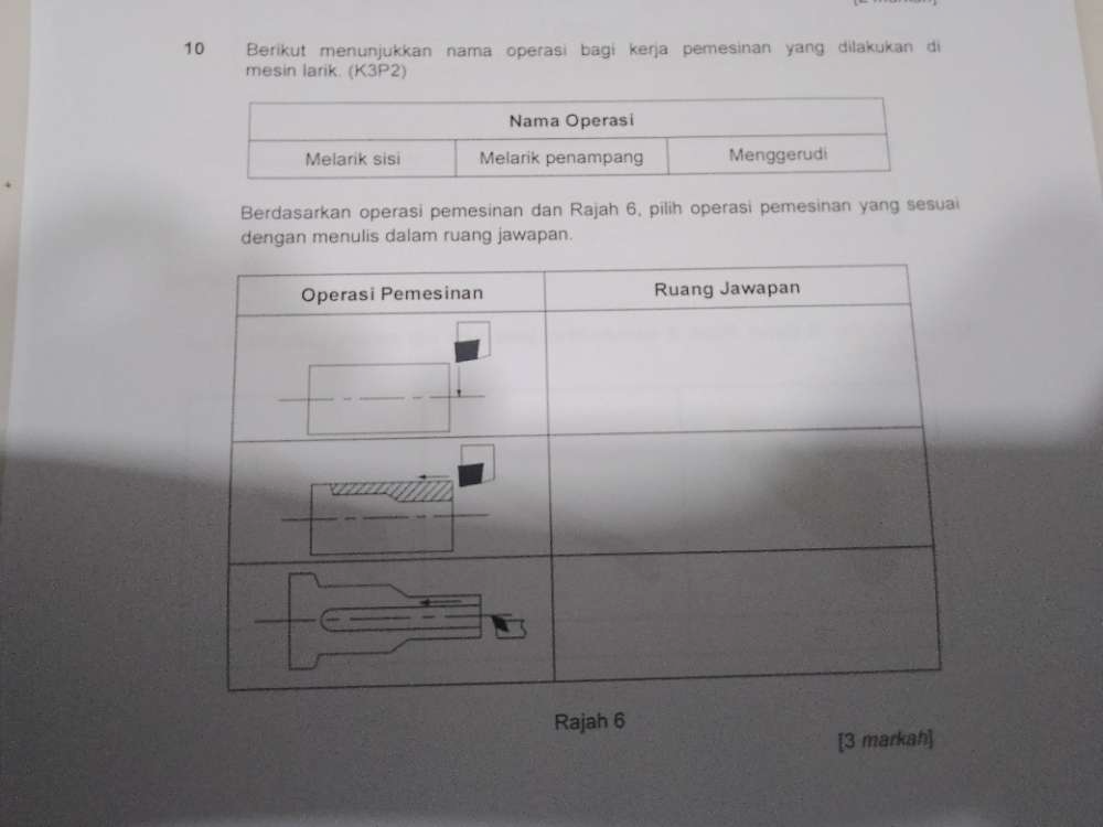 Berikut menunjukkan nama operasi bagi kerja pemesinan yang dilakukan di 
mesin larik. (K3P2) 
Berdasarkan operasi pemesinan dan Rajah 6, pilih operasi pemesinan yang sesuai 
dengan menulis dalam ruang jawapan. 
Rajah 6 
[3 markah]