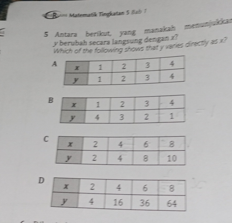 Runs Matematik Tingkatan 5 Bab 1 
5 Antara berikut, yang manakah menunjukkai
y berubah secara langsung dengan x? 
Which of the following shows that y varies directly as x?