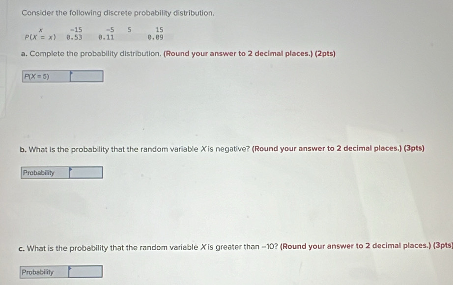 Consider the following discrete probability distribution.
x −15 -5 5 15
P(X=x) 0.53 0.11 0.09
a. Complete the probability distribution. (Round your answer to 2 decimal places.) (2pts)
P(X=5)
b. What is the probability that the random variable Xis negative? (Round your answer to 2 decimal places.) (3pts) 
Probability 
c. What is the probability that the random variable X is greater than -10? (Round your answer to 2 decimal places.) (3pts) 
Probability