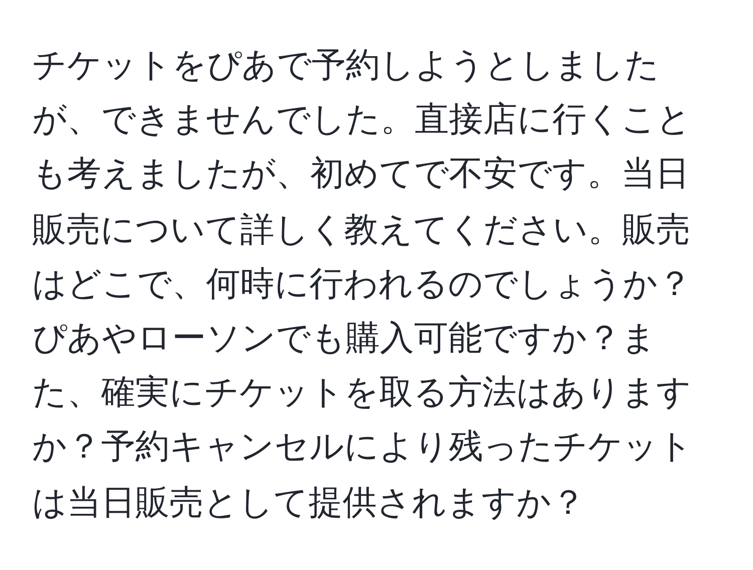 チケットをぴあで予約しようとしましたが、できませんでした。直接店に行くことも考えましたが、初めてで不安です。当日販売について詳しく教えてください。販売はどこで、何時に行われるのでしょうか？ぴあやローソンでも購入可能ですか？また、確実にチケットを取る方法はありますか？予約キャンセルにより残ったチケットは当日販売として提供されますか？