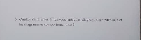 Quelles différentes faites-vous entre les diagrammes structurels et 
les diagrammes comportementaux ?