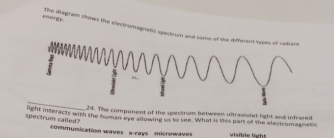 energy. The diagram shows the electromagnetic spectrum and some of the different types of radian

_
24. The component of the spectrum between ultraviolet light and infrared
light interacts with the human eye allowing us to see. What is this part of the electromagnetic
spectrum called?
communication waves x -rays microwaves visible light