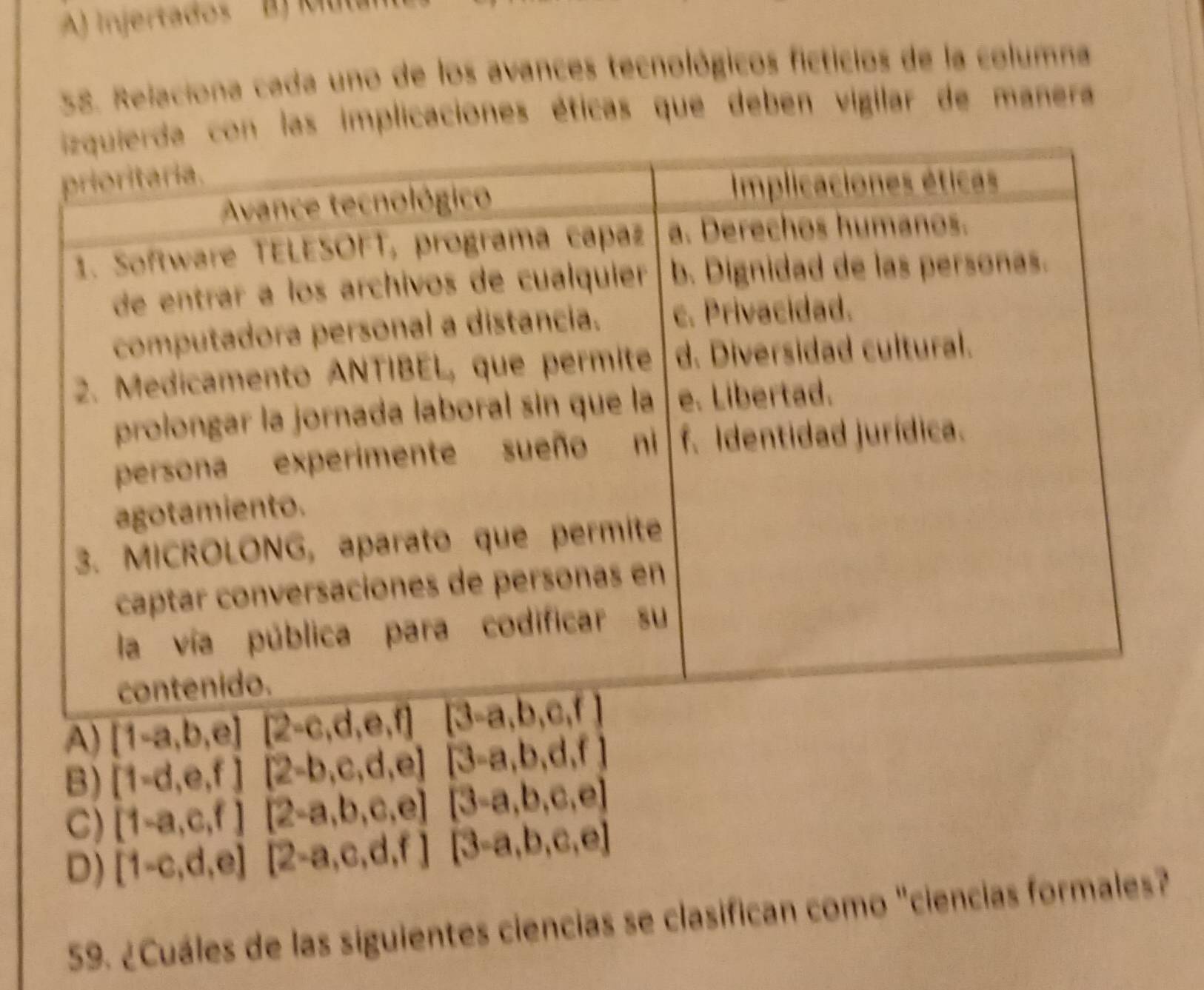 A) Injertados
58. Relaciona cada uno de los avances tecnológicos ficticios de la columna
las implicaciones éticas que deben vigilar de manera
A) [1-a,b,e][2-c,d,e,f][3-a,b,c,f]
B) [1-d,e,f][2-b,c,d,e][3-a,b,d,f]
C) [1-a,c,f][2-a,b,c,e][3-a,b,c,e]
D) [1-c,d,e][2-a,c,d,f][3-a,b,c,e]
59. ¿Cuáles de las siguientes ciencias se clasifican como "ciencias formales?