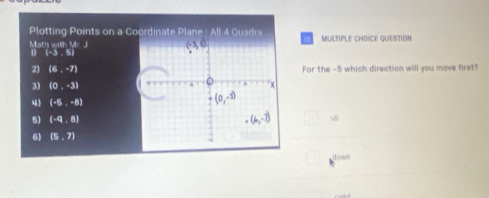 Plotting Points on a Coordinate Plane : All 4 Quadra MULTIPLE CHOICE QUESTION
MofhenMhMr
D(-3,5)
2) (6,-7) For the -5 which direction will you move first?
3) (0,-3)
4) (-5,-8)
5) (-q,8) up
6) (5,7)
down