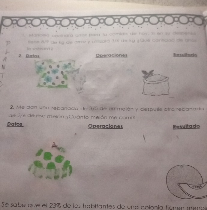 Maricela cocinará arroz para la comida de hoy. Si en su despensa 
tiene 8/9 de kg de arroz y utilizará 3/6 de kg ¿Qué cantidad de arraz 
le sobrara ? 
2. Datos Operaciones Resultado 
2. Me dan una rebanada de 3/5 de un melón y después otra rebanada 
de 2/6 de ese melón ¿Cuánto melón me comí? 
Datos Operaciones Resultado 
Se sabe que el 23% de los habitantes de una colonia tienen menos