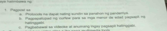 aya halimbawa ng: 
1. Pagpost sa 
a. Protocols na dapat nating sundin sa panahon ng pandemya. 
b. Pagpapatupad ng curfew para sa mga menor de edad pagsapit ng 
hatinggabi . 
c. Pagbabawal sa videoke at anumang ingay pagsapit hatinggabi.