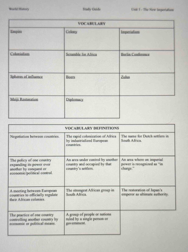 World History Study Guide Unit 5 - The New Imperialism
VOCABULARY DEFINITIONS
Negotiation between countries The rapid colonization of Africa The name for Dutch settlers in
by industrialized European South Africa.
countries.
The policy of one country An area under control by another An area where on imperial
expanding its power over country and occupied by that power is recognized as “in
another by conquest or country's settlers. charge.”
economic/political control.
A meeting between European The strongest African group in The restoration of Japan’s
countries to officially regulate South Africa. emperor as ultimate authority.
their African colonies.
The practice of one country A group of people or nations
controlling another country by ruled by a single person or
economic or political means. government.