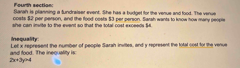 Fourth section: 
Sarah is planning a fundraiser event. She has a budget for the venue and food. The venue 
costs $2 per person, and the food costs $3 per person. Sarah wants to know how many people 
she can invite to the event so that the total cost exceeds $4. 
Inequality: 
Let x represent the number of people Sarah invites, and y represent the total cost for the venue 
and food. The inequality is:
2x+3y>4