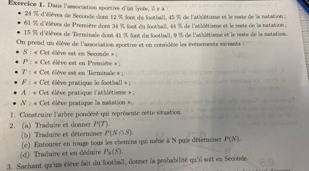 Dans l’association sportive d'un lycée, il y a :
24 % d'élèves de Seconde dont 12 % font du football, 45 % de l'athlétisme et le reste de la natation ;
61 % d'élèves de Première dont 34 % font du football, 44 % de l'athlétisme et le reste de la natation;
15 % d'élèves de Terminale dont 41 % font du football, 9 % de l'athlétisme et le reste de la natation. 
On prend un élève de l'association sportive et on considère les événements suivants : 
S : « Cet élève est en Seconde » ; 
P : « Cet élève est en Première » ; 
T : « Cet élève est en Terminale » ; 
F : « Cet élève pratique le football » ; 
A : « Cet élève pratique l'athlétisme » ; 
N : « Cet élève pratique la natation ». 
1. Construire l'arbre pondéré qui représente cette situation. 
2. (a) Traduire et donner P(T). 
(b) Traduire et déterminer P(N∩ S). 
(c) Entourer en rouge tous les chemins qui mène à N puis déterminer P(N). 
(d) Traduire et en déduire P_N(S). 
3. Sachant qu'un élève fait du football, donner la probabilité qu'il soit en Seconde.