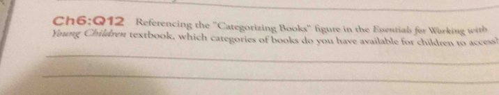 Referencing the ''Categorizing Books' figure in the Essentials for Working with 
Young Children textbook, which caregories of books do you have available for children to access? 
_ 
_