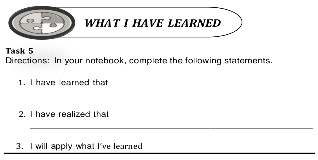 WHAT I HAVE LEARNED 
Task 5 
Directions: In your notebook, complete the following statements. 
1. I have learned that 
_ 
_ 
2. I have realized that 
_ 
_ 
3. l will apply what I've learned