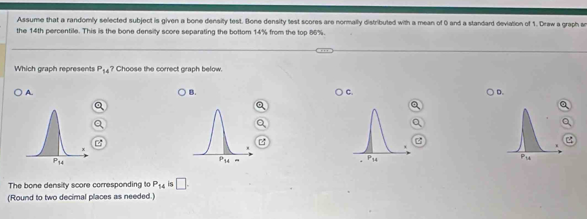 Assume that a randomly selected subject is given a bone density test. Bone density test scores are normally distributed with a mean of 0 and a standard deviation of 1. Draw a graph an
the 14th percentile. This is the bone density score separating the bottom 14% from the top 86%.
Which graph represents P_14 ? Choose the correct graph below.
A.
B.
C.
D.
z
The bone density score corresponding to P_14 is □ .
(Round to two decimal places as needed.)