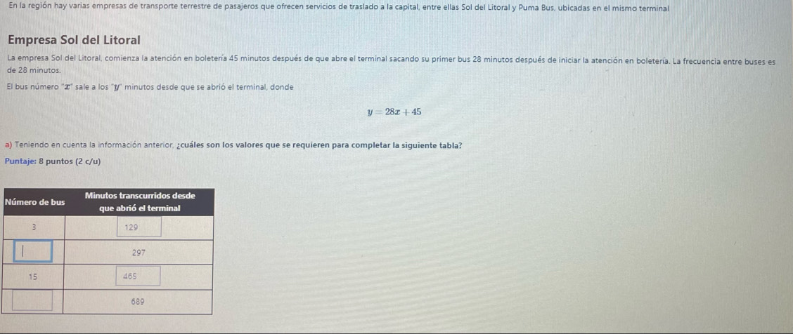 En la región hay varias empresas de transporte terrestre de pasajeros que ofrecen servicios de traslado a la capital, entre ellas Sol del Litoral y Puma Bus, ubicadas en el mismo terminal 
Empresa Sol del Litoral 
La empresa Sol del Litoral, comienza la atención en boletería 45 minutos después de que abre el terminal sacando su primer bus 28 minutos después de iniciar la atención en boletería. La frecuencia entre buses es 
de 28 minutos. 
El bus número "Z" sale a los "y" minutos desde que se abrió el terminal, donde
y=28x+45
a) Teniendo en cuenta la información anterior, ¿cuáles son los valores que se requieren para completar la siguiente tabla? 
Puntaje: 8 puntos (2 c/u) 
N