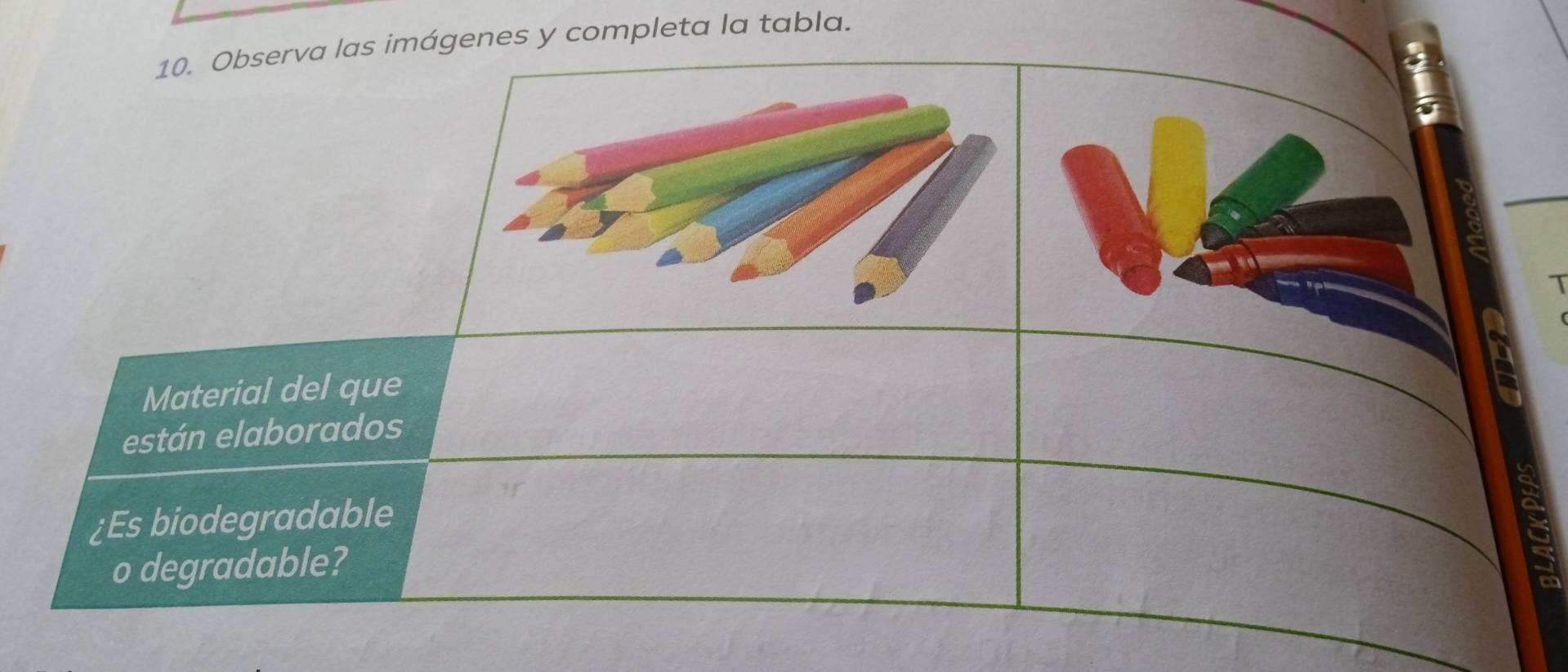 Observa las imágenes y completa la tabla. 
Material del que 
están elaborados 
¿Es biodegradable 
o degradable?