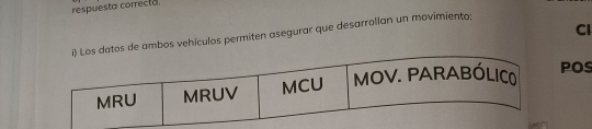 respuesta correcta. 
Cl 
de ambos vehículos permiten asegurar que desarrollan un movimiento; 
POS