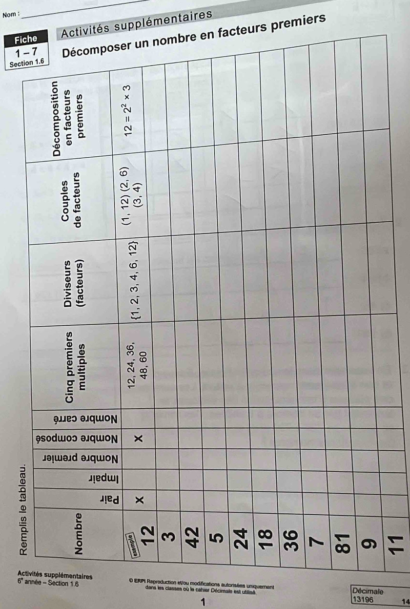 Nom : 
_ 
Fichvités supplémentaires 
Sectioteurs premiers 
- 
ActiO ERPI Reproduction eVou modifications autorisées uniquement Décimale 
année - Section 16 dans les classes où le cahier Décimale est utilisé
13196 14