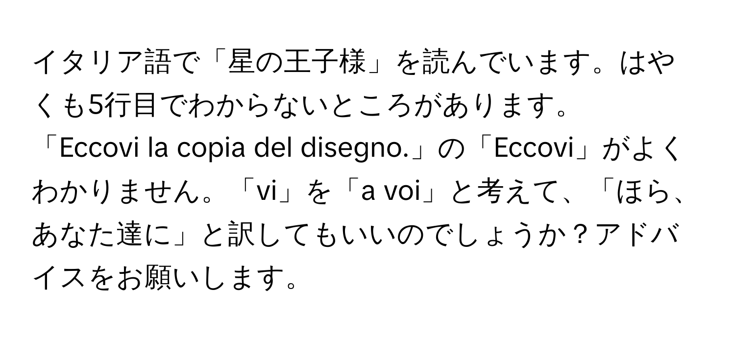 イタリア語で「星の王子様」を読んでいます。はやくも5行目でわからないところがあります。  
「Eccovi la copia del disegno.」の「Eccovi」がよくわかりません。「vi」を「a voi」と考えて、「ほら、あなた達に」と訳してもいいのでしょうか？アドバイスをお願いします。