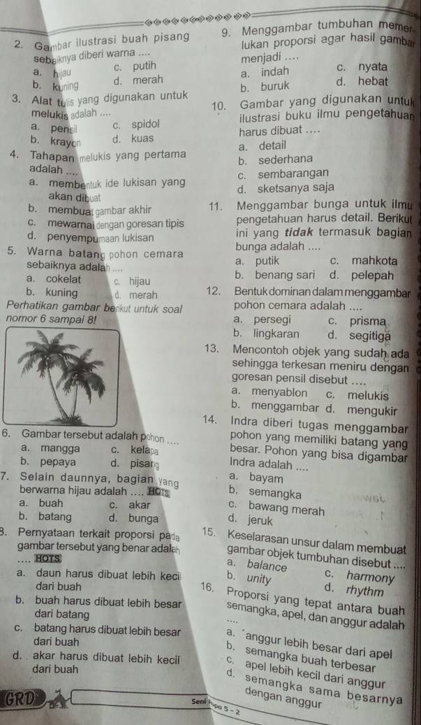 Cu Lu Cạu Cạn Cậy ( m m m v m
2. Gambar ilustrasi buah pisang 9. Menggambar tumbuhan memer
sebaknya diberi warna .... lukan proporsi agar hasil gamba
c. putih menjadi ....
a. hijau a. indah c. nyata
b. kuning
d. merah
3. Alat tulis yang digunakan untuk b. buruk d. hebat
melukis adalah .... 10. Gambar yang digunakan untuk
a. pensil c. spidol ilustrasi buku ilmu pengetahuar
b. krayo
d. kuas harus dibuat ....
a. detail
4. Tahapan melukis yang pertama b. sederhana
adalah ....
c. sembarangan
a. membentuk ide lukisan yang d. sketsanya saja
akan dibuat
b. membuat gambar akhir 11. Menggambar bunga untuk ilm
c. mewarnai dengan goresan tipis pengetahuan harus detail. Berikut
d. penyempumaan lukisan ini yang tidak termasuk bagian 
bunga adalah …
5. Warna batang pohon cemara a. putik c. mahkota
sebaiknya adalah ....
a. cokelat c. hijau b. benang sari d. pelepah
b. kuning d. merah 12. Bentuk dominan dalam menggambar
Perhatikan gambar berkut untuk soal pohon cemara adalah ....
nomor 6 sampai 8! a. persegi c. prisma
b. lingkaran d. segitiga
13. Mencontoh objek yang sudah ada
sehingga terkesan meniru dengan  
goresan pensil disebut ....
a. menyablon c. melukis
b. menggambar d. mengukir
14. Indra diberi tugas menggambar
pohon yang memiliki batang yan
6. Gambar tersebut adalah pohon .... besar. Pohon yang bisa digambar
a. mangga c. kelapa
b. pepaya d. pisan Indra adalah ....
a. bayam
7. Selain daunnya, bagian ang b. semangka
berwarna hijau adalah .... Hots
a. buah c. akar
c. bawang merah
b. batang d. bunga d. jeruk
8. Pernyataan terkait proporsi pa
15. Keselarasan unsur dalam membuat
gambar tersebut yang benar adala gambar objek tumbuhan disebut ....
… HOTS
a. balance c. harmony
a. daun harus dibuat lebih keci b. unity
dari buah
d. rhythm
16. Proporsi yang tepat antara buah
b. buah harus dibuat lebih besar semangka, apel, dan anggur adalah
dari batang . 
c. batang harus dibuat lebih besar a. "anggur lebih besar dari apel
dari buah
b. semangka buah terbesar
d. . akar harus dibuat lebih kecil c. apel lebih kecil dari anggur
dari buah
d. semangka sama besarnya
GRD
dengan anggur
Senk hipa 5 - 2