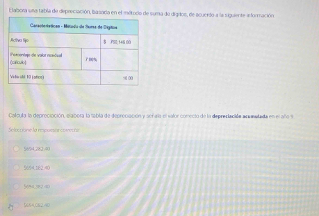 Elabora una tabla de depreciación, basada en el método dma de dígitos, de acuerdo a la siguiente información
Calcula la depreciación, elabora la tabla de depreciación y señala el valor correcto de la depreciación acumelada en el año 9.
Seleccione la respuesta carrecta:
$694,282,40
5694,182.40
$694.382.40
$694,082.40